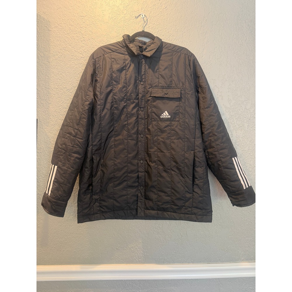 Adidas Primegreen Black Quilted Snap Front Shirt Jacket Mens Large 3-Stripe Logo
